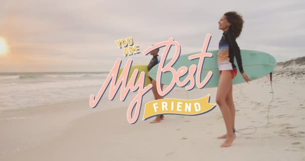 Animation Best Friend Text Happy Diverse Female Friends Surfboards Social — Stock video