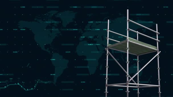 Dünya Haritası Iskelesi Üzerinde Finansal Veri Işleme Animasyonu Küresel Kalkınma — Stok video