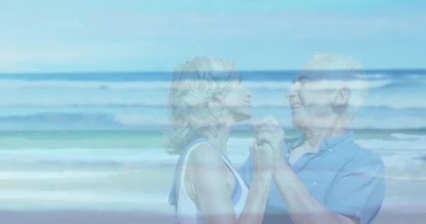 Animation Landscape Ocean Happy Senior Caucasian Couple Dancing Beach Ocean — Video Stock