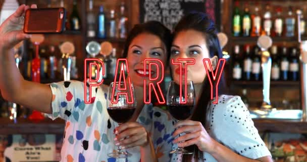 Animation Party Text Happy Biracial Female Friends Drinking Wine Social — Vídeo de stock