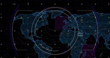 Dünya haritası üzerinde kapsam, işaret ve veri işleme animasyonları. küresel iş, dijital arayüz ve veri işleme kavramı dijital olarak oluşturulmuş video.