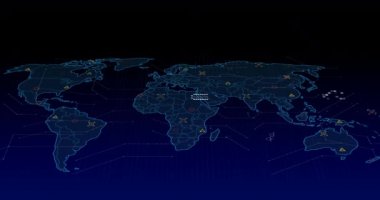 Dünya haritasında işaretleyicilerin ve veri işlemenin animasyonu. küresel iş, dijital arayüz ve veri işleme kavramı dijital olarak oluşturulmuş video.