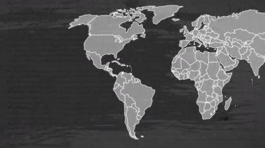 Dünya haritasında hareket eden karalamaların animasyonu. Dijital arayüz ve veri işleme kavramı dijital olarak oluşturuldu.