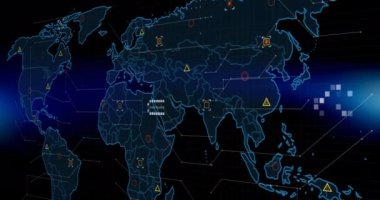 Dünya haritasında işaretleyicilerin ve veri işlemenin animasyonu. küresel iş, dijital arayüz ve veri işleme kavramı dijital olarak oluşturulmuş video.