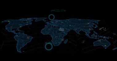 Dünya haritası üzerinde insan simgeleri, işaretleyiciler ve veri işleme ağları animasyonu. küresel iş, dijital arayüz ve veri işleme kavramı dijital olarak oluşturulmuş video.