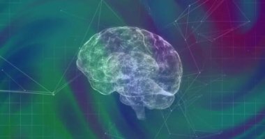 Beynin animasyonu ve renkli arka plandaki şekiller. Retro gelecek ve dijital arayüz konsepti dijital olarak oluşturulmuş video.