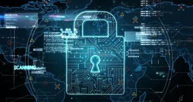 Dünya haritası üzerinde çevrimiçi güvenlik kilidi, işaretleyiciler ve veri işleme animasyonları. küresel çevrimiçi güvenlik, dijital arayüz ve dijital olarak oluşturulmuş video işleme kavramı.