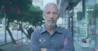 Animation of financial graph over caucasian senior man standing on street. business, finance and technology concept digitally generated video.