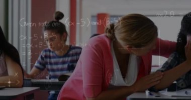 Animation of math formulas moving over caucasian female teacher supporting crying girl at school. learning, school, education and technology concept digitally generated video.