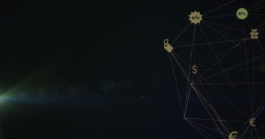 Karanlık arka planda ışıklarla çevrimiçi alışveriş simgeleriyle bağlantıların animasyonu. ağ, bağlantılar, alışveriş ve teknoloji konsepti dijital olarak oluşturulmuş video.