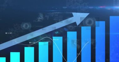 Donanmanın arka planında ekranlarda daireler olan ok ve finansal grafiklerin animasyonu. küresel iş, ekonomi, finans ve teknoloji konsepti dijital olarak oluşturulmuş video.