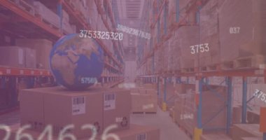 Dünya ve paketlerdeki numaraların değişiminin animasyonu. iş, finans ve dağıtım hizmetleri kavramı dijital olarak oluşturulmuş video hizmetleri.