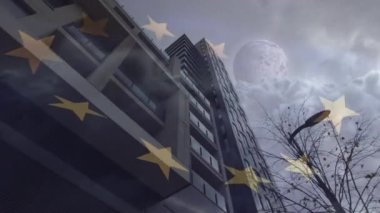 Ofis binalarının üzerinde Avrupa Birliği bayrağının canlandırılması. küresel iş, ekonomi, politika ve işbirliği konsepti dijital olarak oluşturulmuş video.