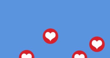 Animation of hearts floating over blue background. love, emotions and social media concept digitally generated video.
