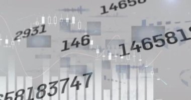 Finansal grafiklerin animasyonu ve gri arkaplandaki değişen numaralar. küresel iş, finans, ekonomi ve teknoloji konsepti dijital olarak oluşturulmuş video.
