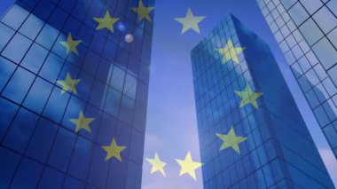 Animation of european union flag over office buildings. global business, economy, politics and cooperation concept digitally generated video.