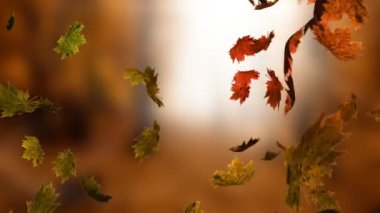 Sonbahar parkının arka planına düşen sonbahar yapraklarının animasyonu. Sonbahar, sonbahar, mevsimler ve dijital olarak üretilen doğa konsepti.