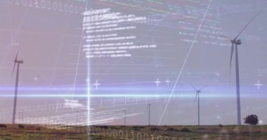 Rüzgar türbini üzerinde grafik ve veri işleme animasyonu. Çevre, sürdürülebilirlik, ekoloji, yenilenebilir enerji ve teknoloji konsepti dijital olarak oluşturulmuş video.