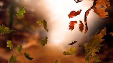 Sonbahar parkının arka planına düşen sonbahar yapraklarının animasyonu. Sonbahar, sonbahar, mevsimler ve dijital olarak üretilen doğa konsepti.