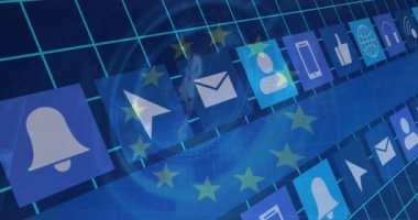 Mavi arka planda Avrupa Birliği bayrağı, dijital sosyal medya simgeleri ve veri işleme animasyonları. küresel bağlantılar ve veri işleme konsepti dijital olarak oluşturulmuş video.