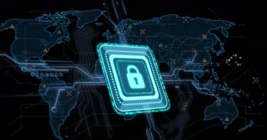 Dünya haritası üzerinde çevrimiçi güvenlik kilidi, işaretleyiciler ve veri işleme animasyonları. küresel çevrimiçi güvenlik, dijital arayüz ve dijital olarak oluşturulmuş video işleme kavramı.