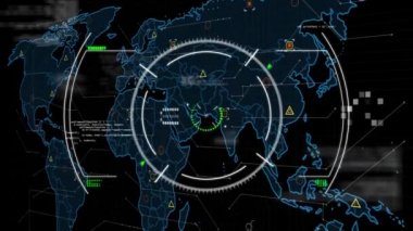 Animation of scope, markers and data processing over world map. global online security, digital interface and data processing concept digitally generated video.