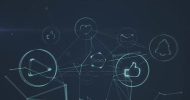 Karanlık arka planda sosyal medya simgeleriyle bağlantıların animasyonu ve hareket eden ışıklar. ağ, bağlantılar, iletişim, sosyal medya ve teknoloji konsepti dijital olarak oluşturulmuş video.