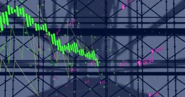 İskelenin animasyonu, finansal veri işleme ve istatistikler. küresel kalkınma, iş dünyası, dijital arayüz ve dijital olarak oluşturulan veri işleme kavramı.