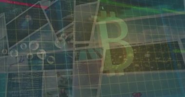 Kabarcıklar ve veri işleme ile arka planda bitcoin animasyonu. dijital para birimi, finans ve teknoloji konsepti dijital olarak oluşturulmuş video.