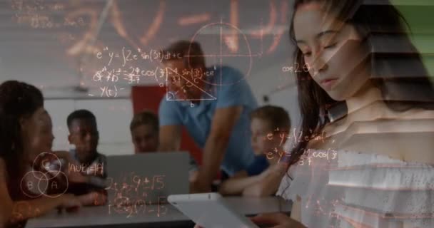Animation Math Formulas Moving Biracial Girl Using Smartphone School Learning — Stock video