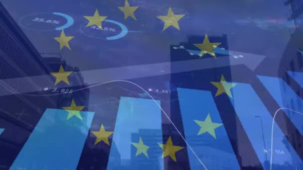 Animation European Union Flag Graphs Office Buildings Global Business Economy — 图库视频影像