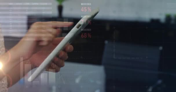Animation Lights Graphs Hands Caucasian Businesswoman Working Tablet Business Finance — Stockvideo