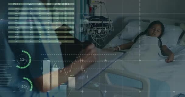 Animation Financial Graphs Hands Caucasian Male Doctor Using Tablet Health — Vídeo de Stock