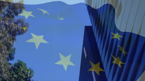Animação Bandeira União Europeia Sobre Edifícios Escritórios Conceito Global Negócios — Vídeo de Stock