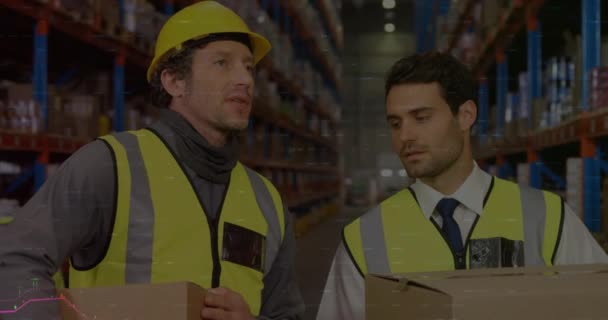Animation of financial graphs over caucasian male warehouse workers. business, finance and delivery services concept digitally generated video.