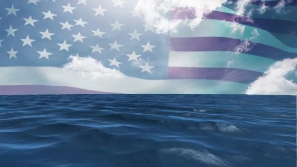 Animation Sea Clouds American Flag Waving Columbus Day American Tradition — Vídeo de stock
