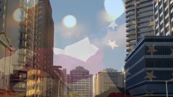 Animacja Flagi Usa Nad Budynkami Biurowymi Globalny Biznes Gospodarka Polityka — Wideo stockowe