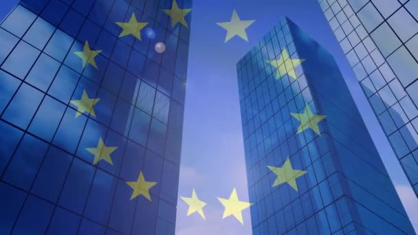 Animation European Union Flag Office Buildings Global Business Economy Politics — стоковое видео