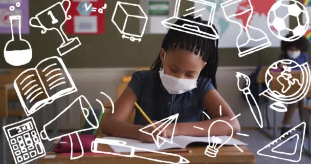 Animação Itens Escola Contorno Aparecendo Sobre Menina Americana Africana Máscara — Vídeo de Stock