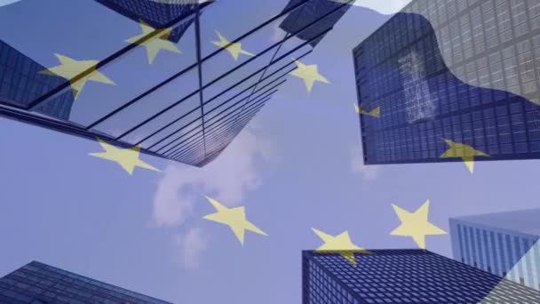Animação Bandeira União Europeia Sobre Edifícios Escritórios Conceito Global Negócios — Vídeo de Stock