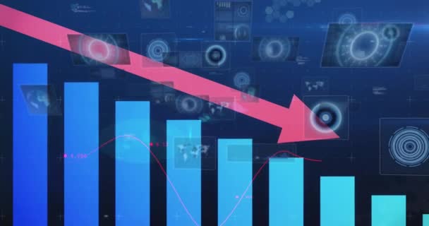 Animation Arrow Financial Graphs Navy Background Circles Screens Global Business — Stock Video