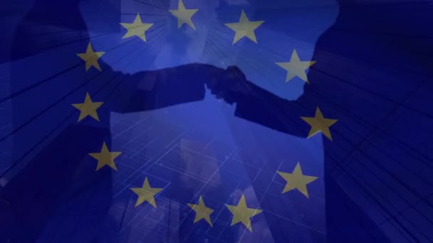 Animation Europeiska Unionen Flagga Över Affärsman Och Affärskvinna Skakar Hand — Stockvideo