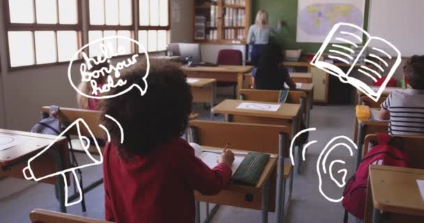 Animation Contour School Items Appearing Back View Class Diverse Pupils — Vídeo de Stock