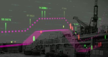 Animation of crane at construction site, world map, financial data processing and statistics. global development, business, digital interface and data processing concept digitally generated video.