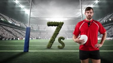 Kafkasyalı rugby oyuncusu animasyonu ve ragbi stadyumunda çimlerle oluşturulan 7 'ler. Spor ve yarışma konsepti dijital olarak oluşturulmuş video.