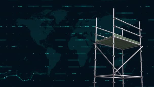 Animacja Mapy Świata Rusztowań Przetwarzania Danych Finansowych Statystyk Globalny Rozwój — Wideo stockowe