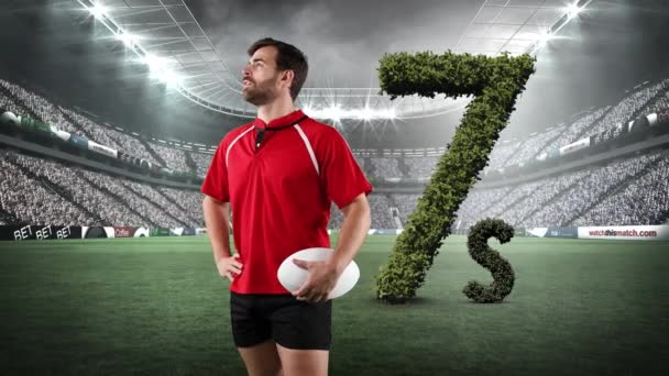 Animation Caucasian Rugby Player Number Formed Grass Rugby Sports Stadium — Vídeos de Stock