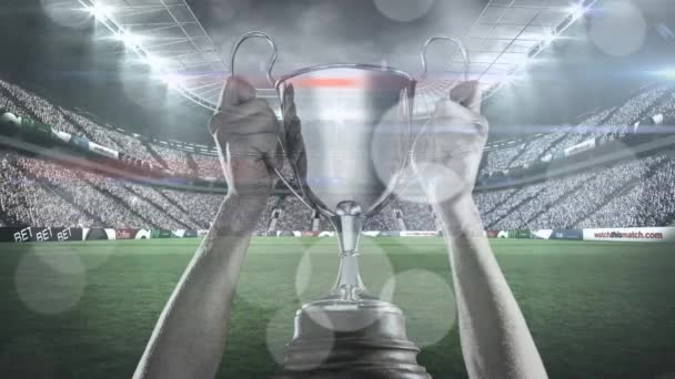 在体育场拿着银杯的高加索人身上的亮点动画 胜利和竞争概念数码视频 — 图库视频影像