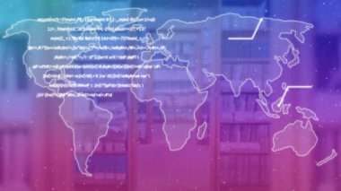 Raftaki kitapların üzerinde metin ve dünya haritasının animasyonu. Uluslararası okuryazarlık günü ve okuma konsepti dijital olarak oluşturulmuş video.