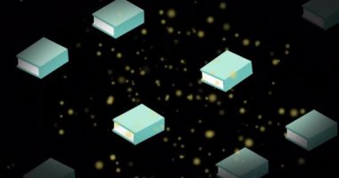 Siyah arkaplandaki mavi kitapların üzerinde parlayan noktaların animasyonu. Uluslararası okuryazarlık günü ve okuma konsepti dijital olarak oluşturulmuş video.